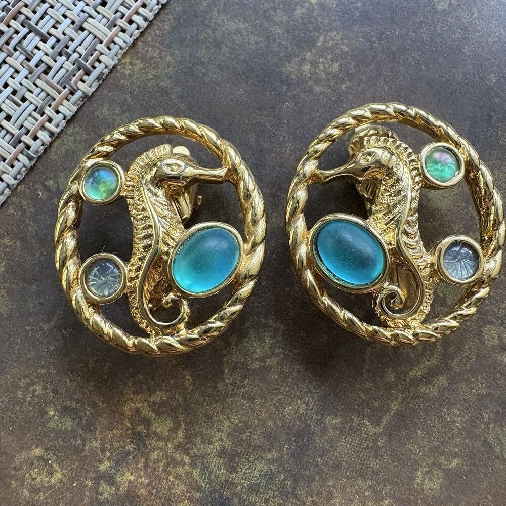 Vintage Trifari Seahorse Clip On  Earrings Colored Cabochons